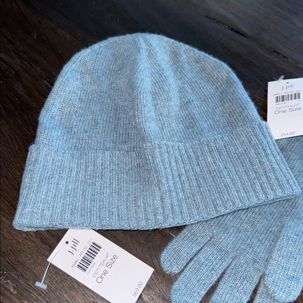 NWT J.Jill Cashmere Cuffed Gloves & Hat - Dusty Teal Heather - Picture 2 of 5